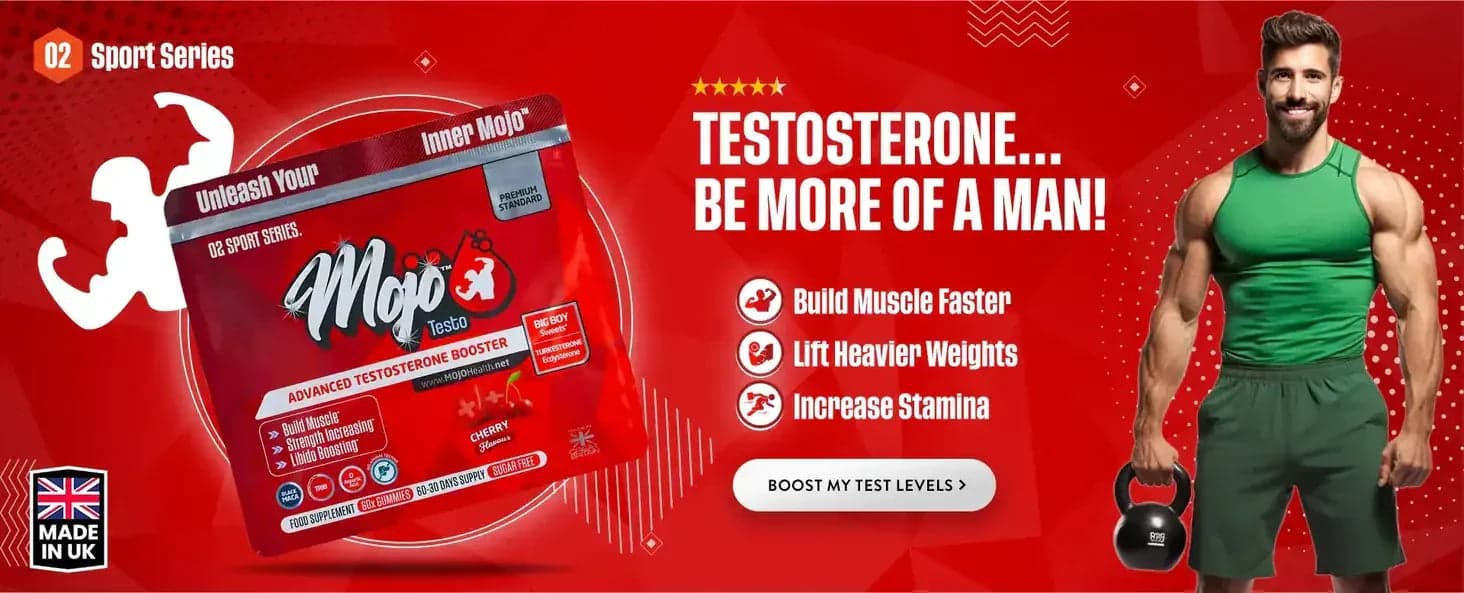 Mojo Testo — zaawansowany wzmacniacz testosteronu — testosteron… bądź bardziej mężczyzną: buduj mięśnie szybciej, podnoś cięższe obciążenia, zwiększ wytrzymałość. Zwiększ moje poziomy testosteronu.
