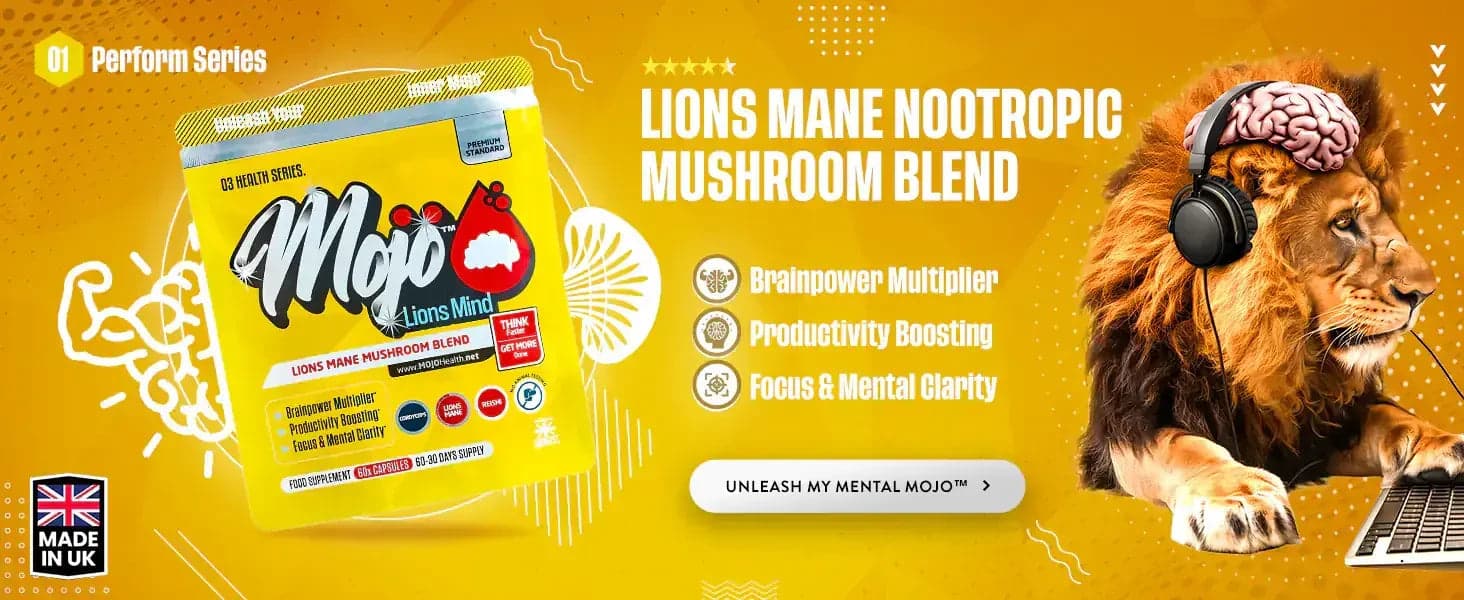 Mojo Lions Mind — nootropowy grzib Lion's Mane — mnożnik mocy mózgu: wzrost produktywności, ostrość i przejrzystość umysłu. Uwolnij swoją mentalną Mojo.